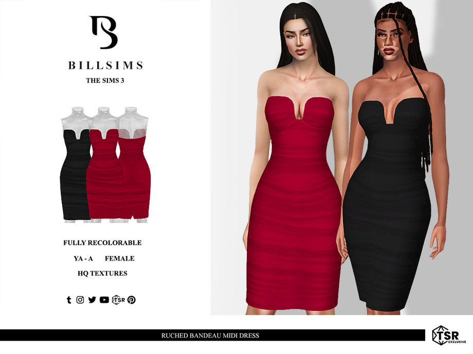Платье Ruched Bandeau Midi для Симс 3