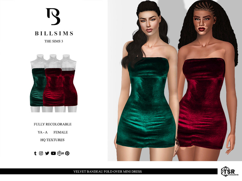 Платье Velvet Bandeau Fold Over Mini для Симс 3