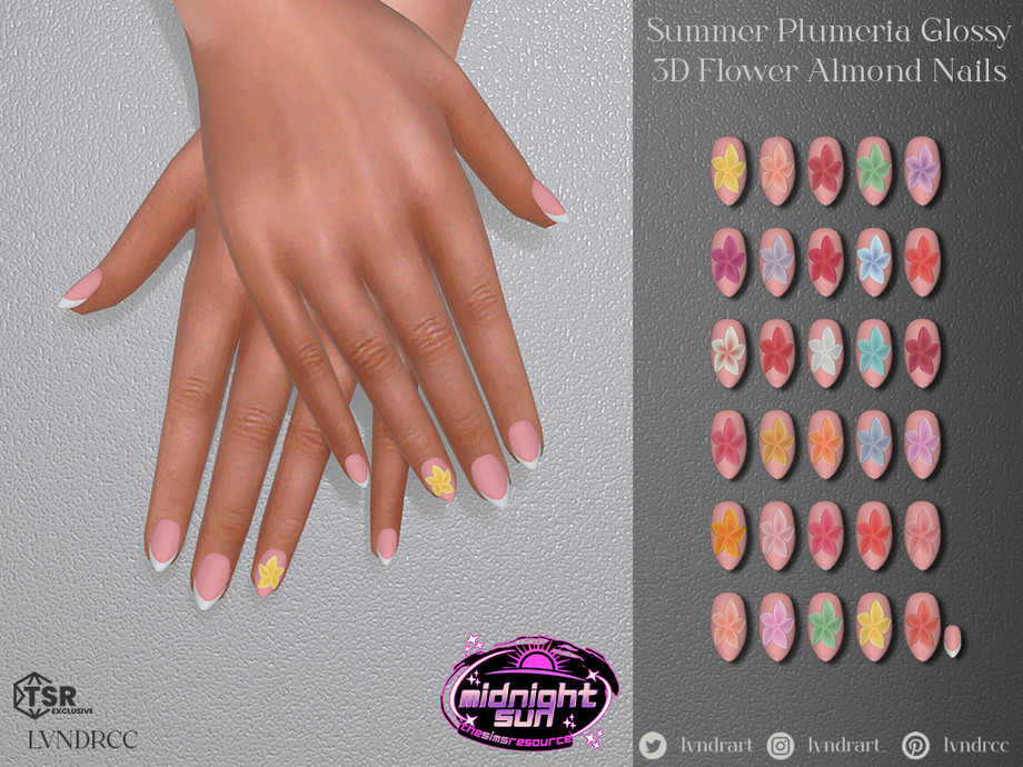 Summer Plumeria Glossy 3D Flower Almond Nails 1